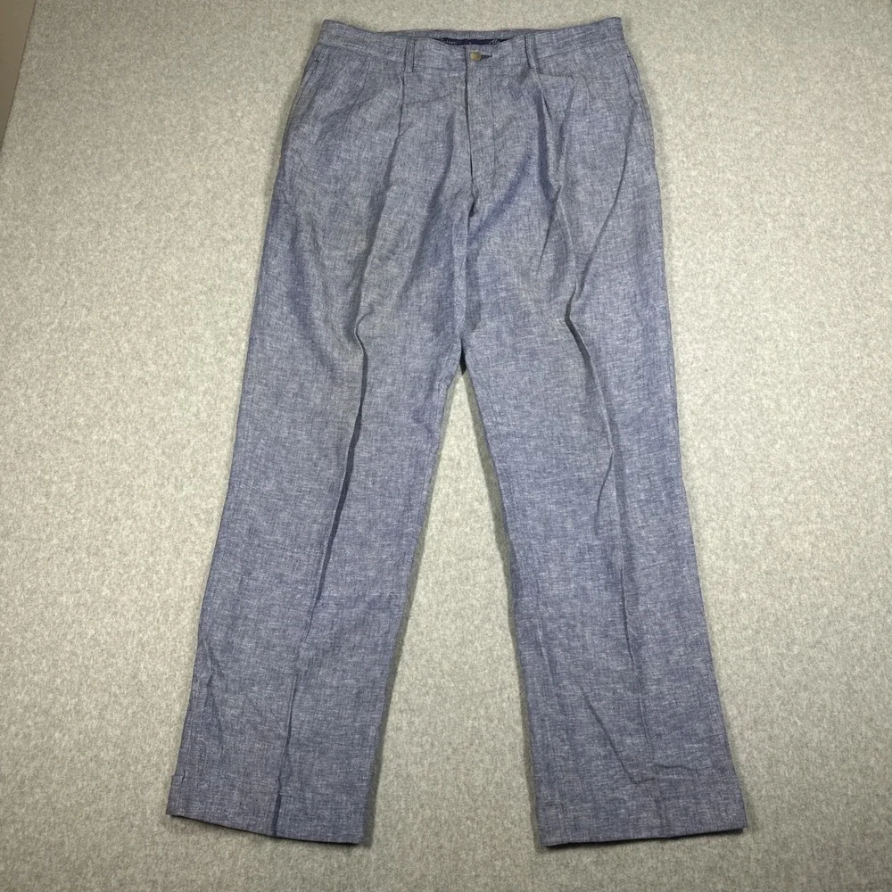 Alan Flusser Pleated Linen Rayon Blend Pants Men's 34x30 Blue Trousers Cuffed